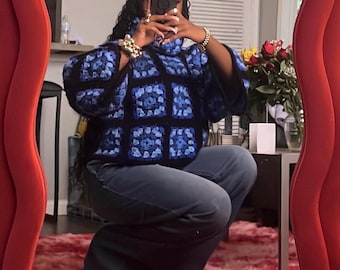 Patchwork gehaakte trui: oma vierkante coltrui, oversized gezellige artwear-top, handgemaakte statement-trui