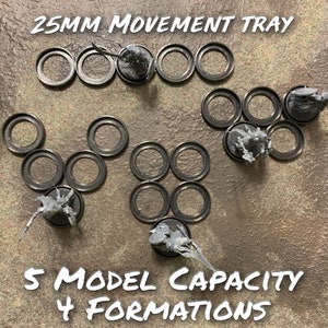 25mm Miniature Wargame Movement Tray with 5 model capacity and 4 formation options. Suitable for use with Warhammer 40k, Warhammer Age of Sigmar, and other miniature games