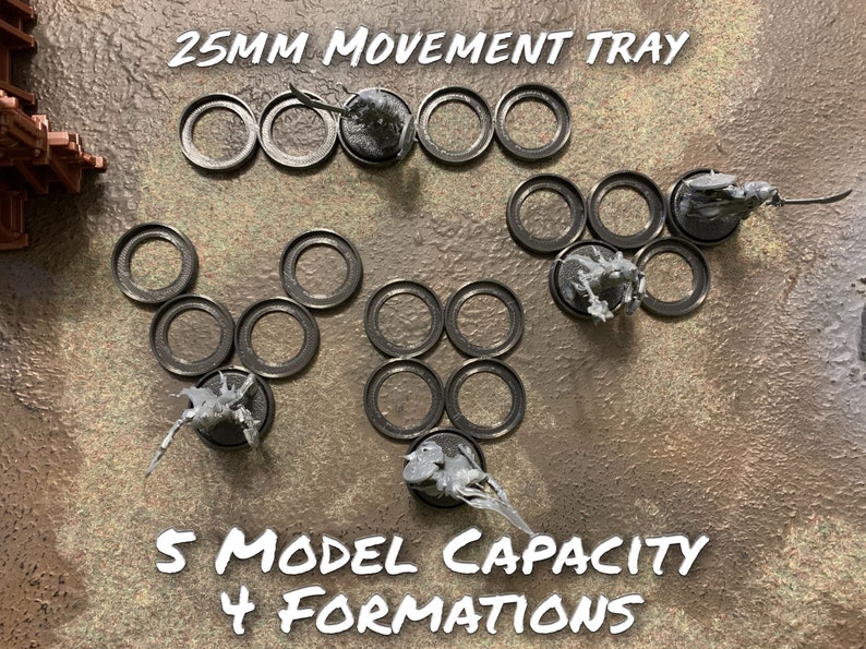25mm Miniature Wargame Movement Tray with 5 model capacity and 4 formation options. Suitable for use with Warhammer 40k, Warhammer Age of Sigmar, and other miniature games