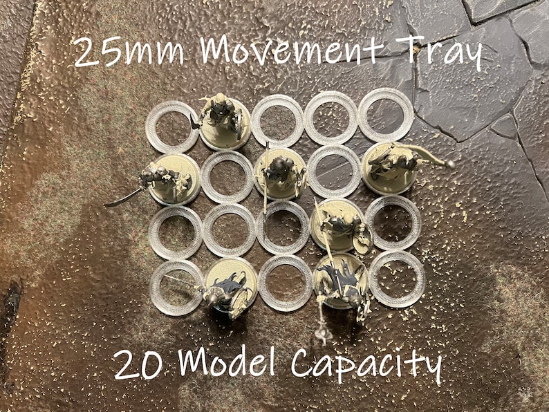 25mm Miniature Wargame Movement Tray featuring a 12-model capacity and 1 formation option, including line formation. Suitable for use with Warhammer 40k, Warhammer Age of Sigmar, and other miniature games.