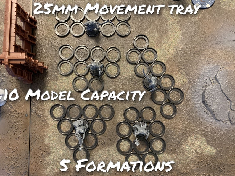 25mm Miniature Wargame Movement Tray featuring a 10-model capacity and 5 formation options, including line, staggered, wedge, column, and additional options. Suitable for use with Warhammer 40k, Warhammer Age of Sigmar, and other miniature games.