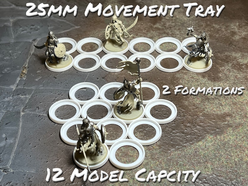 25mm Miniature Wargame Movement Tray featuring a 12-model capacity and 2 formation options, including line and group. Suitable for use with Warhammer 40k, Warhammer Age of Sigmar, and other miniature games.