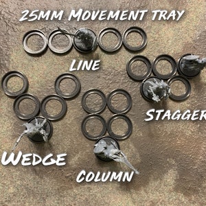 25mm Miniature Wargame Movement Tray with four distinct formation settings: line formation, staggered formation, wedge formation, and column formation. Suitable for use with Warhammer 40k, Warhammer Age of Sigmar, and other miniature games.