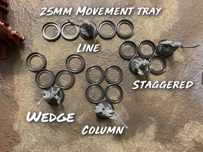 25mm Miniature Wargame Movement Tray with four distinct formation settings: line formation, staggered formation, wedge formation, and column formation. Suitable for use with Warhammer 40k, Warhammer Age of Sigmar, and other miniature games.