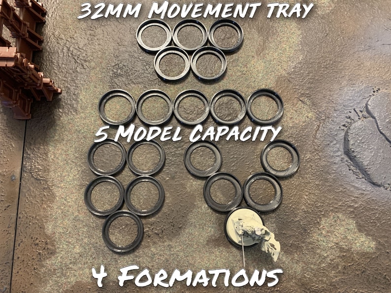 May include: A 32mm movement tray for miniature wargaming. The tray has a 5 model capacity and 4 formations. The tray is made of black plastic and is shown on a brown surface.