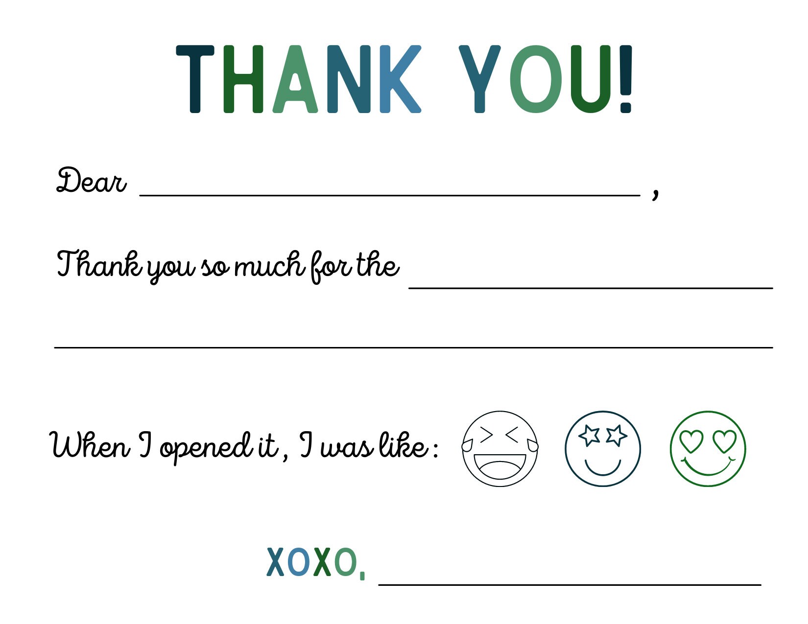 Child Fill-in Thank You Card, Digital Download, Thank You Note, Birthday Thank You, Gift Thank ...