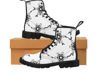 Bottes de combat en toile abstraite - Chaussures décontractées pour femmes imprimées en noir et blanc, bottes de tous les jours uniques