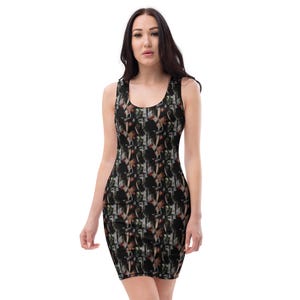 Edgy Abstraktes Bodycon Kleid für Frauen – Elegantes Schwarzes Grafik Print Kleid – Tailliertes Ärmelloses Minikleid – Einzigartiges Statement Party Outfit
