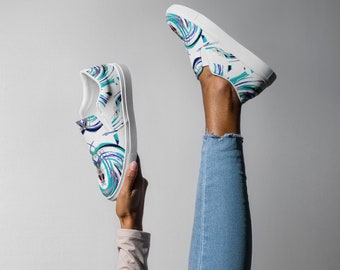Women’s slip-on canvas shoes white and blue swirl shoes, simple shoes, everyday shoes for women