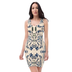 Creme, figurbetontes Kleid: Abstrakter grüner und blauer Druck, ärmelloser Sommerstil