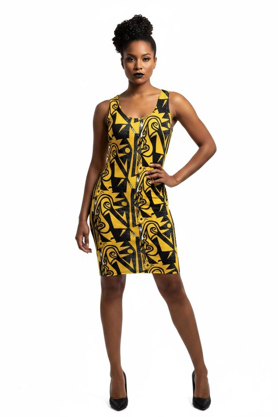 black and yellow bodycon dress Dress: Abstract Geometric Print, Elegant Women's Outfit Color:Full White feminine look Subtle ruching collection-date-night Reformation blue velvet dress