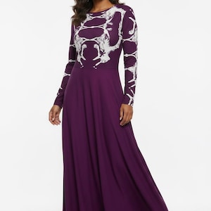 Patterned Plum Purple Midi Dress: Long Sleeve Polyester Spandex Blend