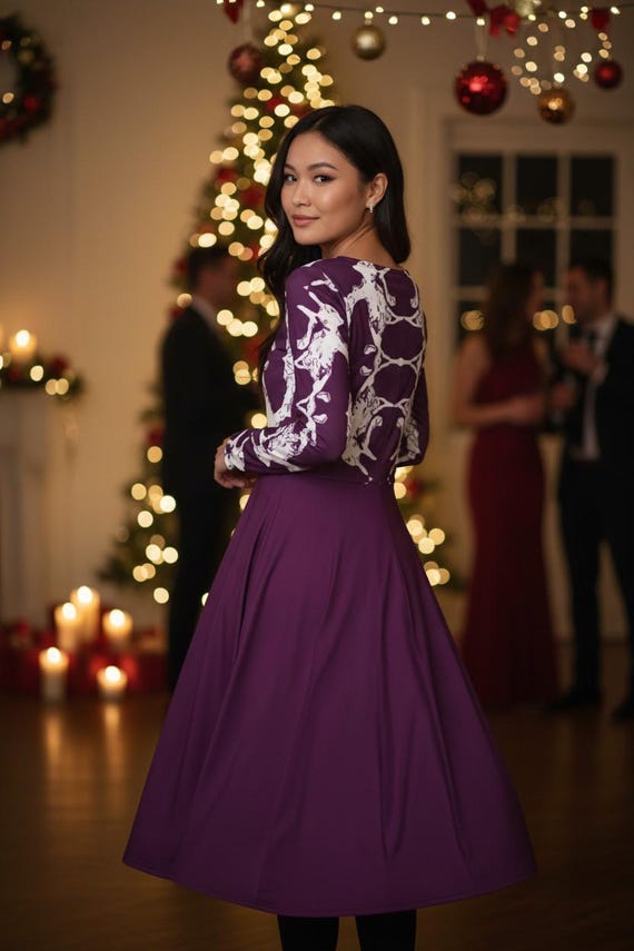 Patterned Plum Purple Midi Dress: Long Sleeve Polyester Spandex Blend - Etsy