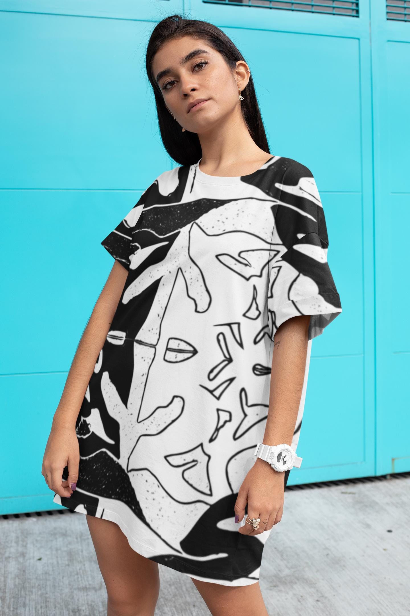 Shirt dress - Black and white squares, lines and circles motif