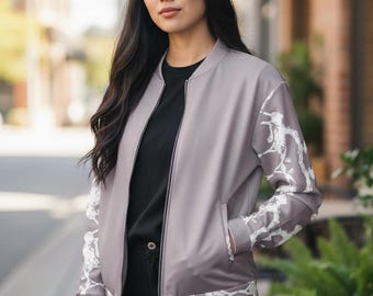 Handmade Pale Silver Pink Bomber Jacket: Stylish Women's Patterned Jacket