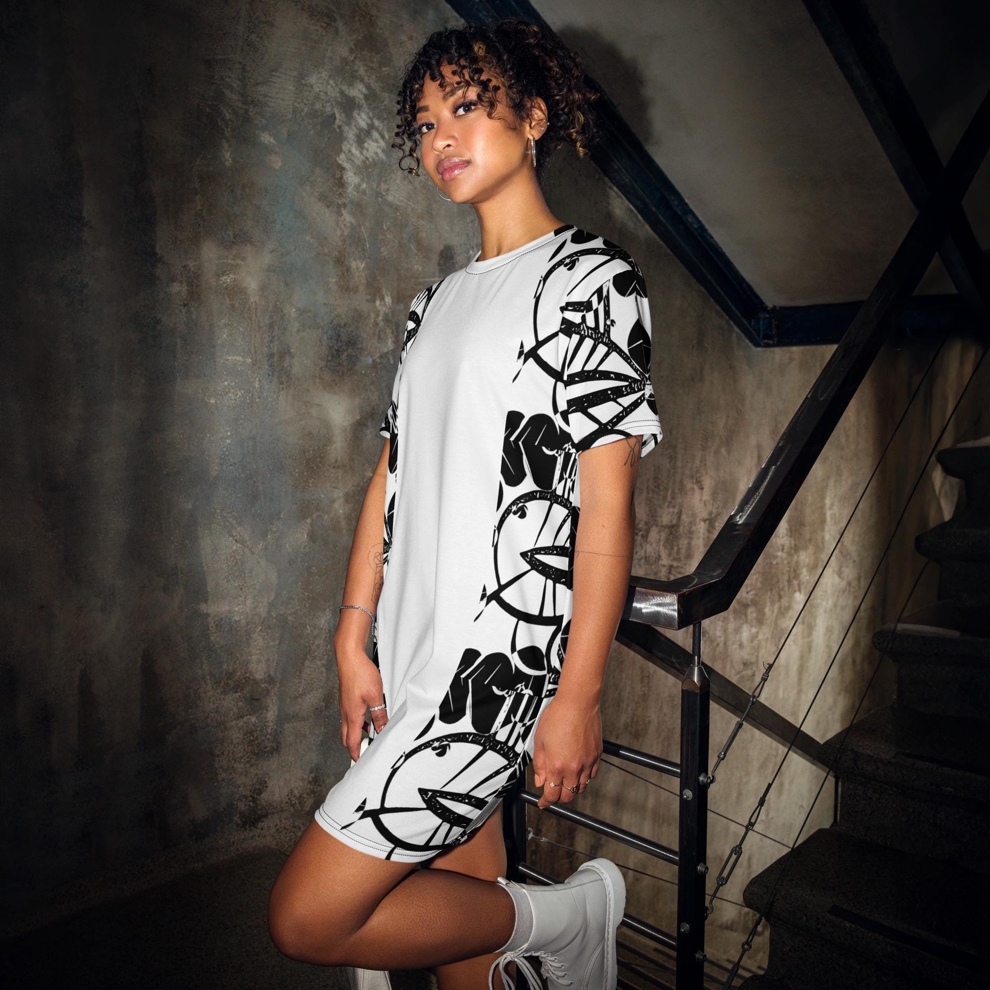 Oversized Jersey Dress Black Abstract Monoprint T-Shirt Dress, Oversized  Lounge Wear