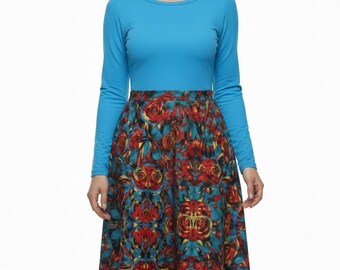 Vintage-Inspired Blue Floral Long Sleeve Dress - Bohemian Chic