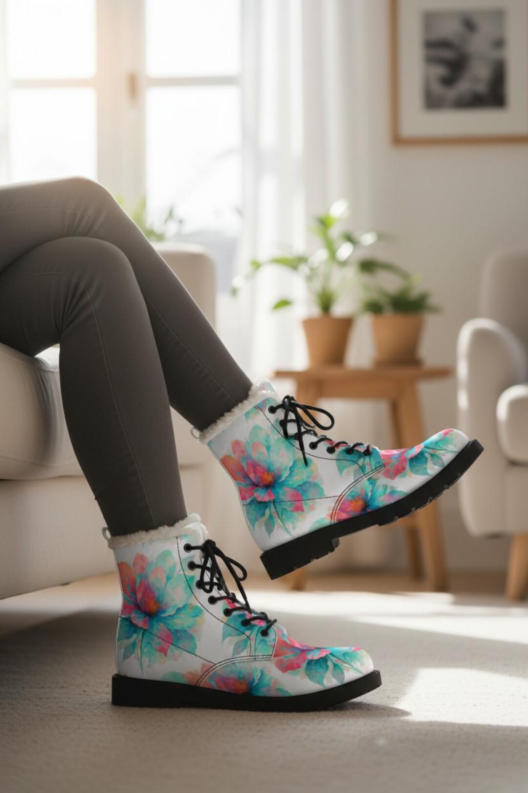 Floral Watercolour Boot Print Womens Fur and Leather Boots Design - Etsy