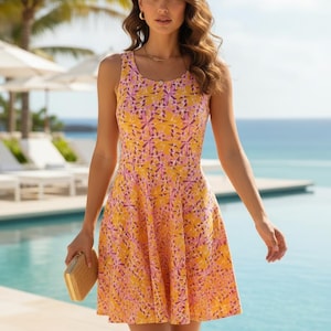 May include: A sleeveless, knee-length dress with a floral pattern in shades of yellow, pink, and purple. The dress has a scoop neckline and a flared skirt. A small, woven clutch is held in the hand. The background includes a pool and ocean.