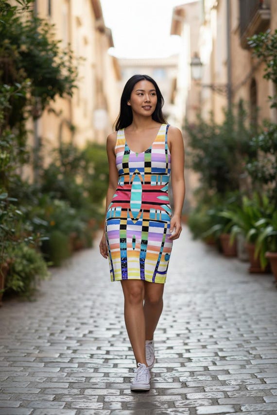 colorful bodycon dress Vibrant Geometric Pattern Womens Parker Dress | 90sgoesgroovy The tank style top Size:1XL