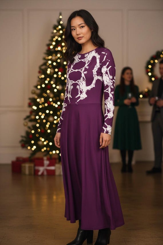 Patterned Plum Purple Midi Dress: Long Sleeve Polyester Spandex Blend - Etsy