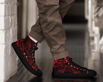 Zapatos de lona de caña alta para hombre: Estampado de telaraña en negro y rojo