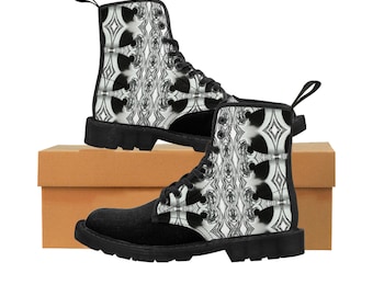 Gothic Black & White Canvas Combat Boots - Women's Ankle Punk Rock Shoes for Edgy Style