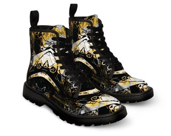 Black and Gold Combat Boots - Ladies Abstract Art Canvas Boot, Edgy Punk Ankle Shoes, Perfect for Evening Wear, Fashionista Gift