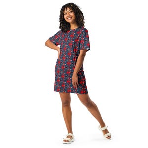 Blue Abstract Floral T-shirt Dress | Casual Daytime Wear in Red & Blue ...