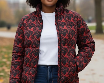 Chaqueta acolchada con estampado abstracto de ondas rojas y negras / Estampado integral