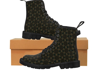 Women's black and green Canvas Boots, comfy boots, patterned ankle boots casual boots, everyday combat boots