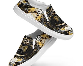 Gold & Black Abstract Slip-On Canvas Shoes