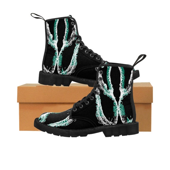 Chic Women s Combat Boots in Black Green Canvas Material Edgy Street Style Ideal for Fashion forward Females Unique Gift Etsy UK