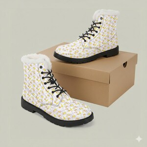 May include: White combat boots with a repeating yellow pattern and black laces. The boots have a black sole and a faux fur lining. The boots are displayed on a brown cardboard box.