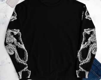 Gothic Grunge Sweatshirt: Black Pullover with White Chain Sleeves