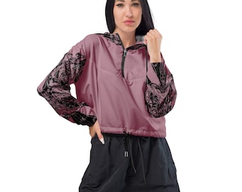 Women’s cropped windbreaker abstract dark pink and black print jacket, great for any occasions and for any season.