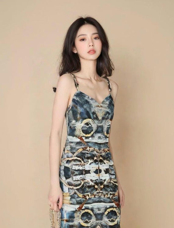 green emerald velvet dress Women's Black Abstract Printed Midi Dress L / Black main image 1