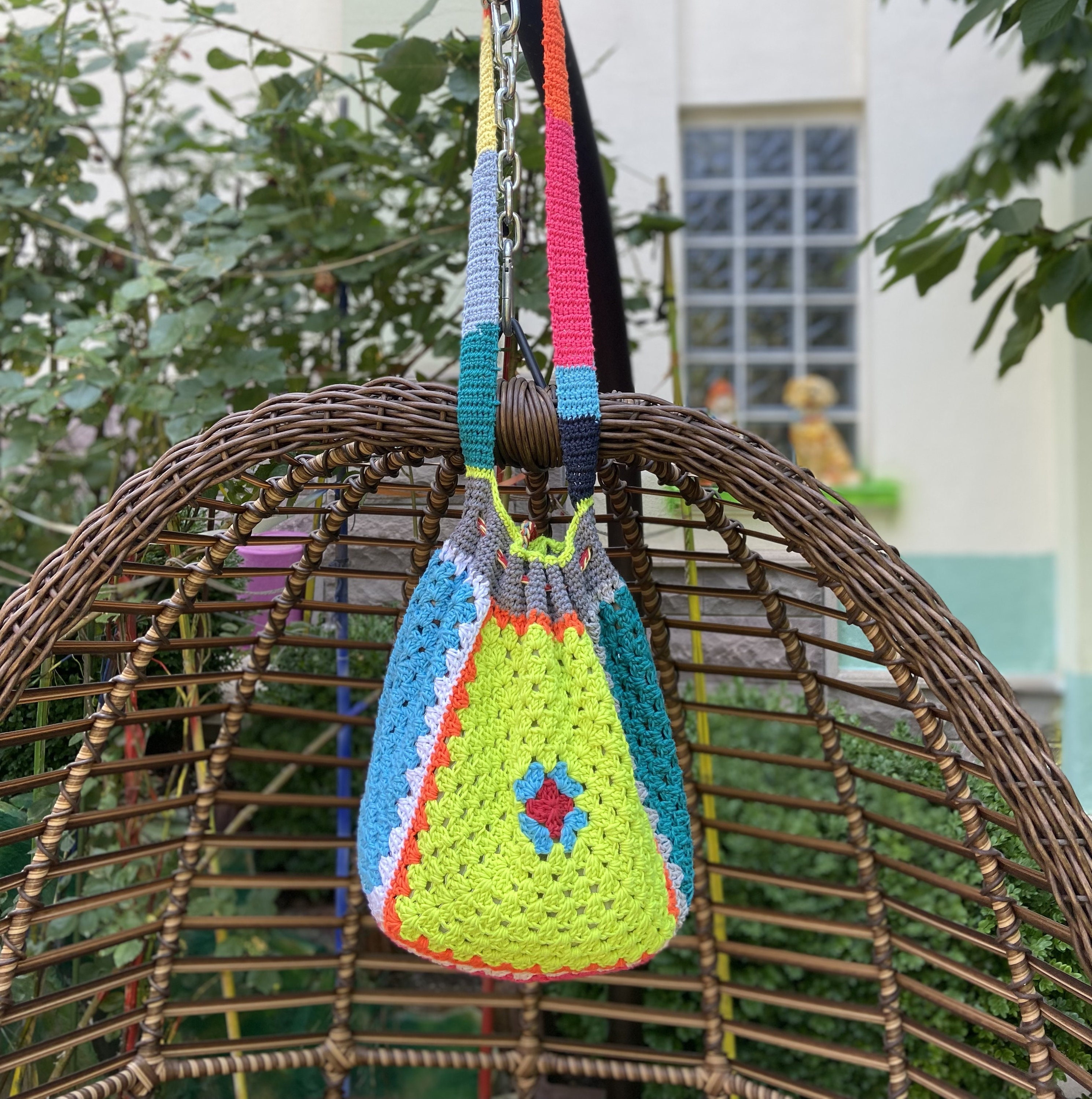 Granny Square Large Bucket Bag With Tassel Multicolor 