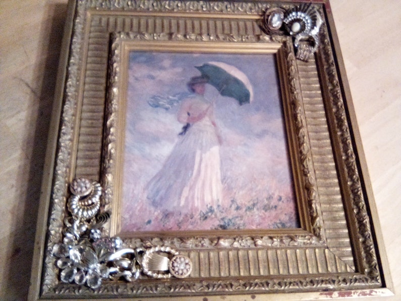 Vintage Picture with shops Jeweled Wood Frame, Woman with Umbrella Print, Gold and Brass Vintage Jewelry, Rhinestones, Floral Wall Decor