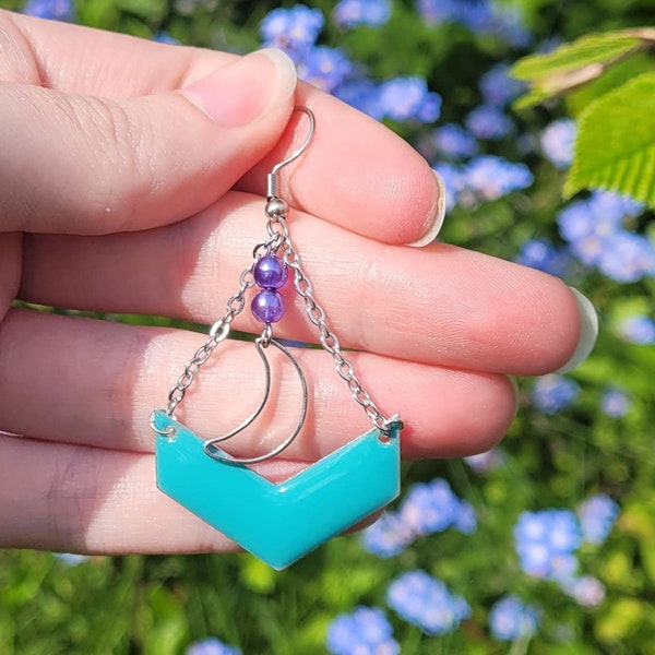 Boucles d'oreilles bleues lune avec perles violette / bijoux en acier inoxydable, cadeau fête des mères