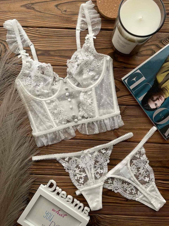 Lacey White Lingerie Set Lace Corset Bra Panty and Garter Set