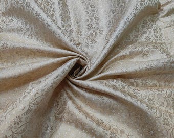 Ivory & Gold Brocade Fabric: Indian Wedding Bridal Dress Material