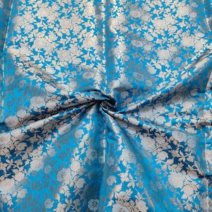 Brocade Fabric By The Yards, Indian Brocade Fabric, Turquoise and Gold Brocade Fabric, Wedding Indian Brocade Bridal Dresses Fabric