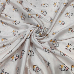 Printed Silk Satin Fabric By The Yards, White Cartoon Print Satin Charmeuse Fabric, Polyester Satin Bridal Wedding Dresses