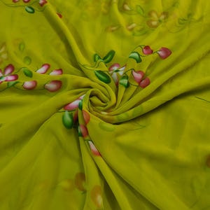 Olive Green Floral Hand Paint Georgette Fabric, Olive Green Floral Print Georgette Fabric For Gown, Bridal Dresses By The Yards