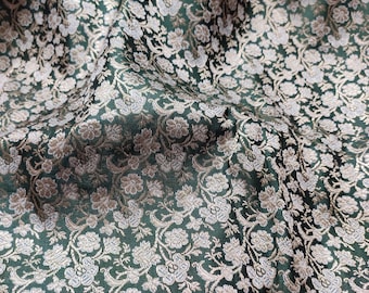 Green & Gold Floral Brocade Fabric: Indian Handloom, 44" Wide
