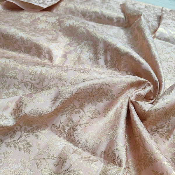 Brocade Fabric By The Yards, Indian Brocade Fabric, Baby Pink and Gold Brocade Fabric, Wedding Indian Brocade Bridal Dresses Fabric