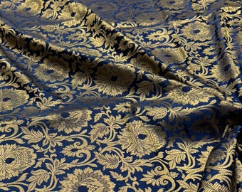 Navy Blue Brocade Fabric: Indian Gold Floral, 44" Wide