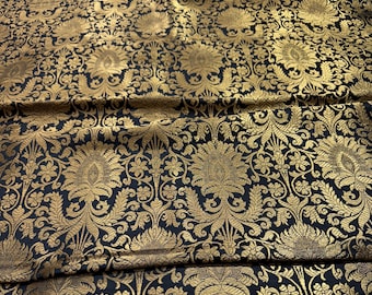 Black & Gold Floral Brocade Fabric: Indian Style, 44" Wide