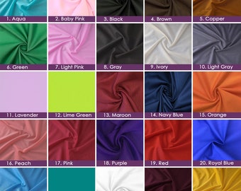 May include: Swatch card displaying 25 different fabric colours, including aqua, baby pink, black, brown, copper, green, light pink, grey, ivory, light grey, lavender, lime green, maroon, navy blue, orange, peach, pink, purple, red, royal blue, sky blue, teal green, white, wine, and yellow.